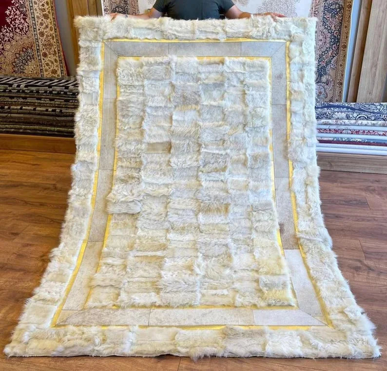 Fluffy Shaggy White Sheepskin Rug, Natural Sheep Leather Handmade Area Rug