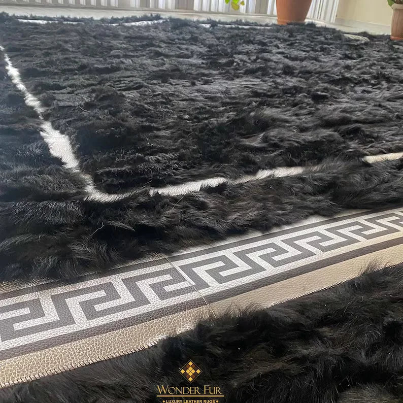 Black and Silver Large Living Room Rug, Natural Handmade Sheepskin Rug