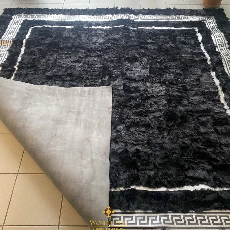 Black and Silver Large Living Room Rug, Natural Handmade Sheepskin Rug