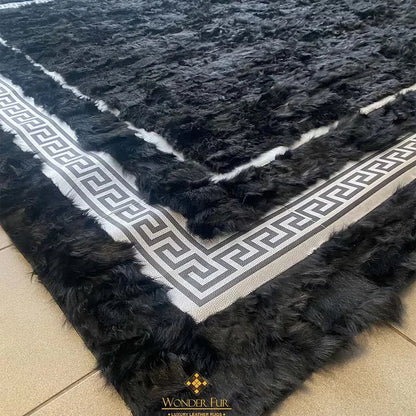 Black and Silver Large Living Room Rug, Natural Handmade Sheepskin Rug