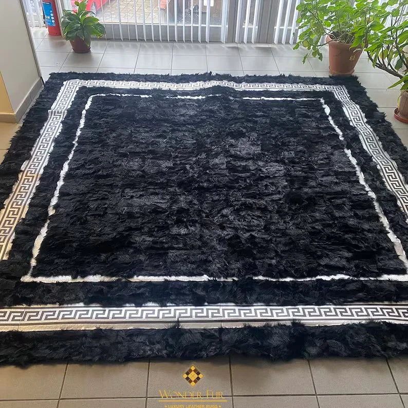 Black and Silver Large Living Room Rug, Natural Handmade Sheepskin Rug