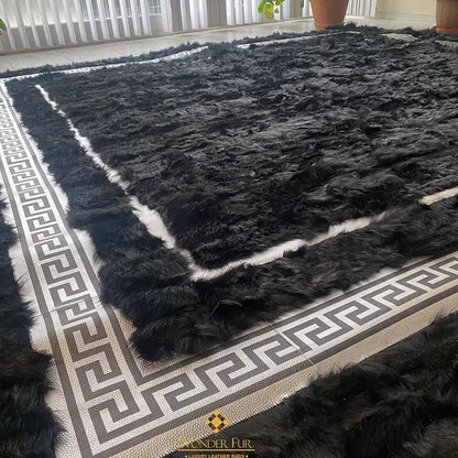 Black and Silver Large Living Room Rug, Natural Handmade Sheepskin Rug