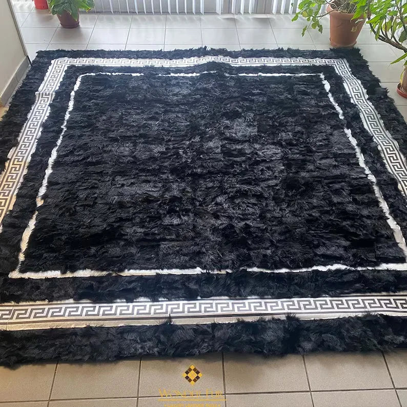 Black and Silver Large Living Room Rug, Natural Handmade Sheepskin Rug