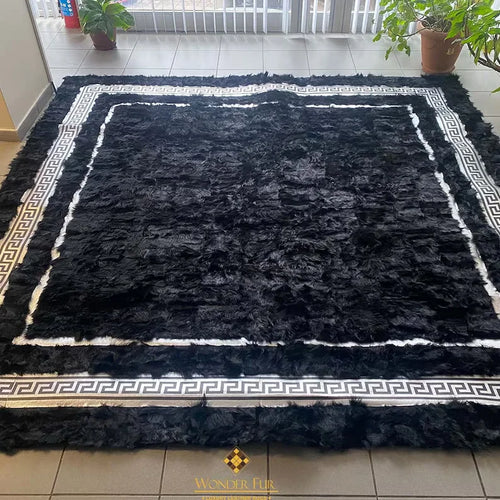 Black and Silver Large Living Room Rug, Natural Handmade Sheepskin Rug