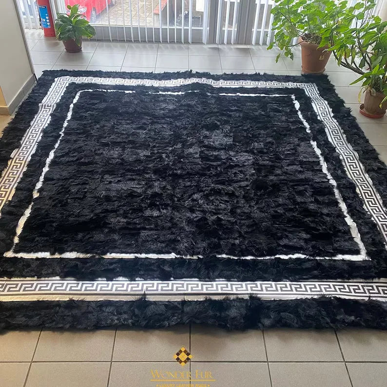 Black and Silver Large Living Room Rug, Natural Handmade Sheepskin Rug