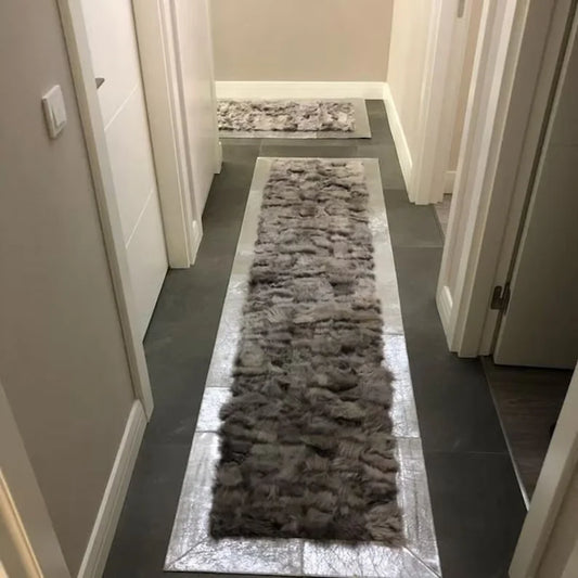 Plush Natural Sheepskin Runner Rug for Corridor, Silver Border Carpet