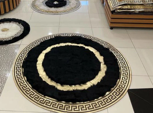 Black and Gold 100% Henuine Sheep Leather Round Rug, Luxury Entrance Rug