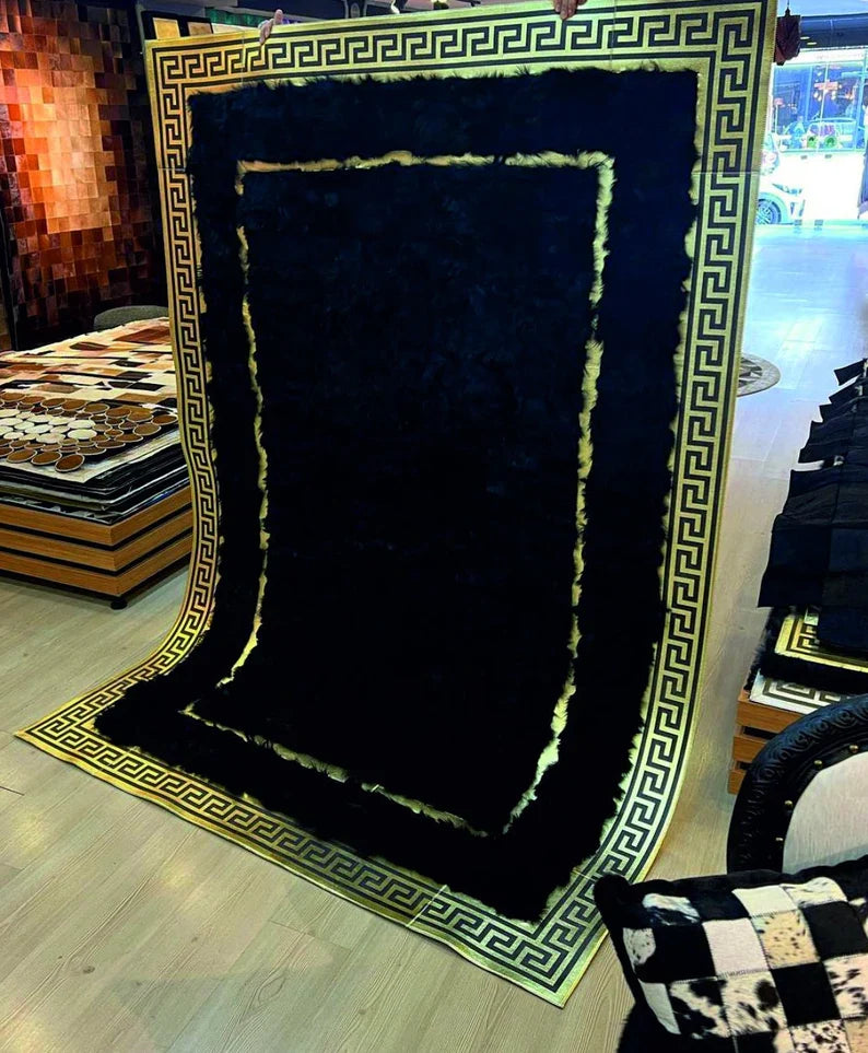 Luxury Design Black and Gold Real Sheepskin Area Rug, Hadnmade Fur Rug