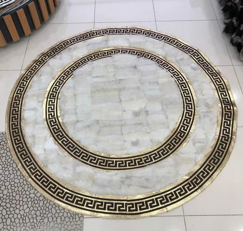 White Natural  Handmade Sheepskin Rug with Double Gold Greek Key Pattern