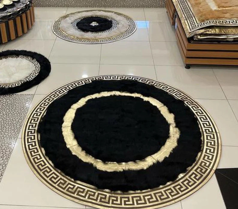 Black and Gold 100% Henuine Sheep Leather Round Rug, Luxury Entrance Rug