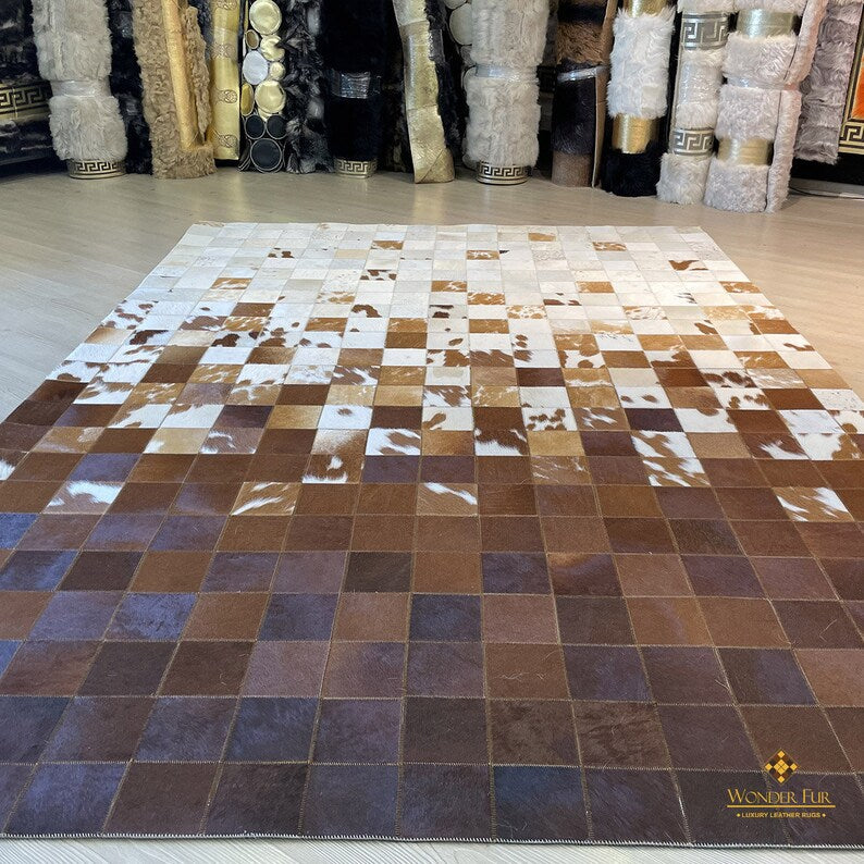 Tricolor Modern Design Cowhide Patchwork Rug, Handmade Genuine Leather Cowhide Carpet