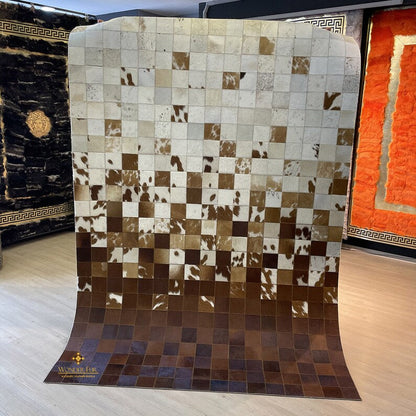 Tricolor Modern Design Cowhide Patchwork Rug, Handmade Genuine Leather Cowhide Carpet