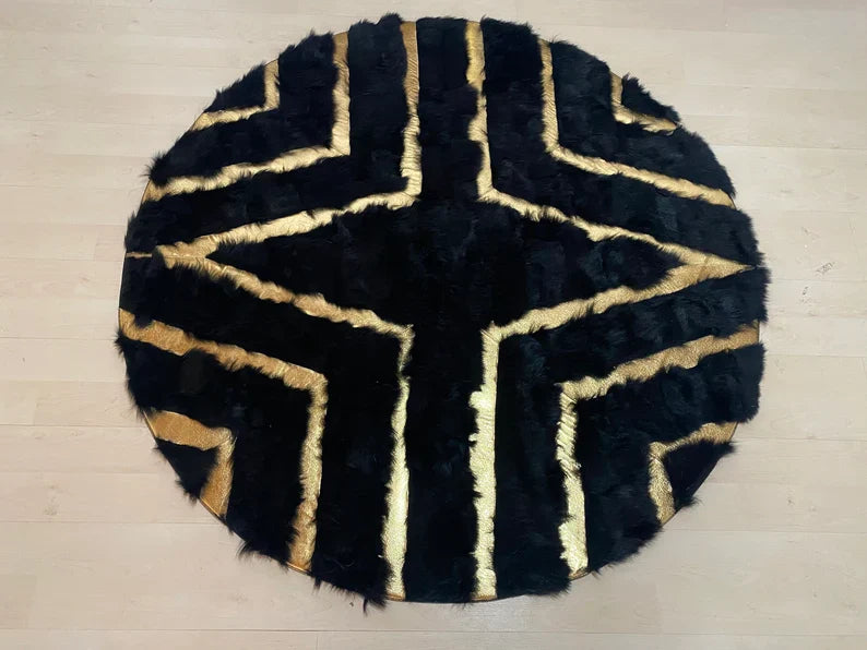 Unique Geometric Natural Sheepskin Round Rug, Handmade Fluffy Fur Carpet