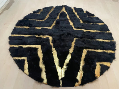 Unique Geometric Natural Sheepskin Round Rug, Handmade Fluffy Fur Carpet