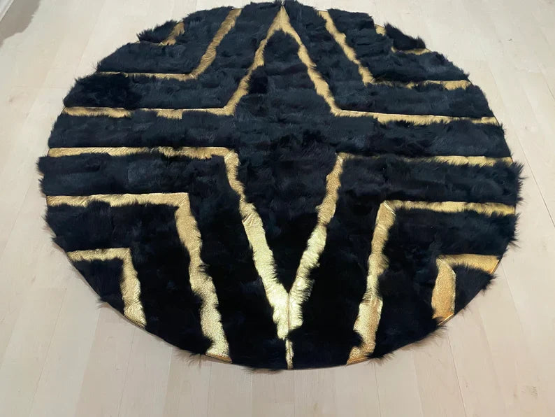 Unique Geometric Natural Sheepskin Round Rug, Handmade Fluffy Fur Carpet