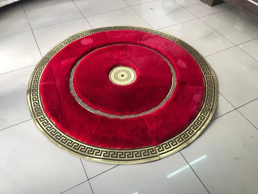 Elegant Gold and Red Faux fur Round Rug, Handmade Plush Area Rug