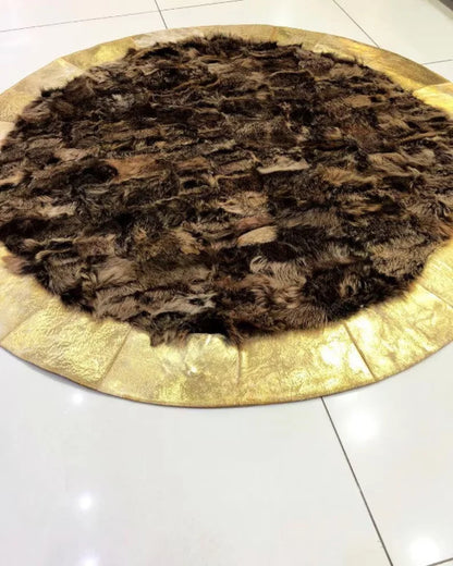 Luxury Brown Gold Natural Sheepskin Round Rug, Handmade Fluffy Soft Rug