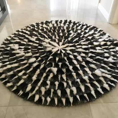 Black White Round Fox Fur Rug, 100% Natural Handmade Shaggy Round 4x4ft Rug