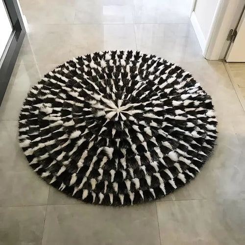 Black White Round Fox Fur Rug, 100% Natural Handmade Shaggy Round 4x4ft Rug