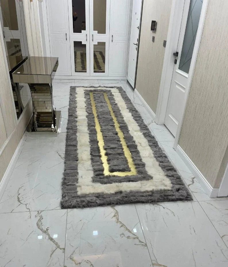 Handmade Natural Sheepskin Runner Rug, Modern Soft Wool Hallway Rug