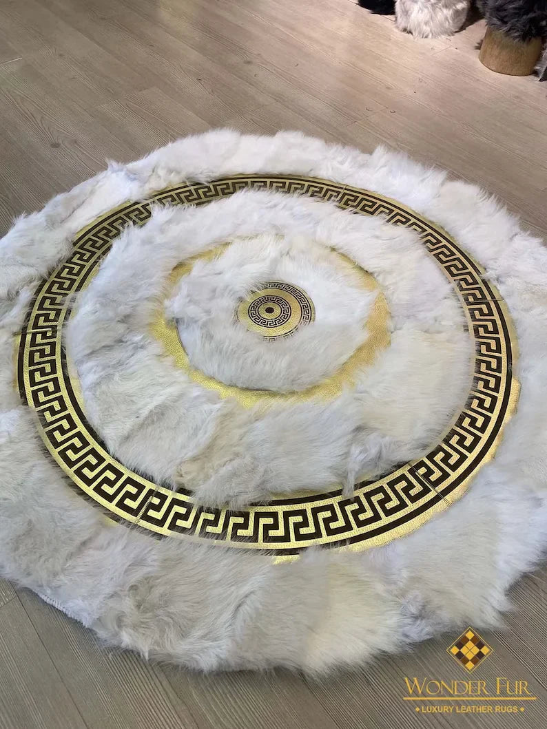 Luxury White Gold Fluffy Sheepskin Round Rug, Handmade Elegance