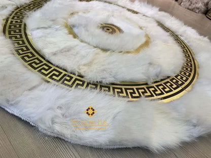 Luxury White Gold Fluffy Sheepskin Round Rug, Handmade Elegance