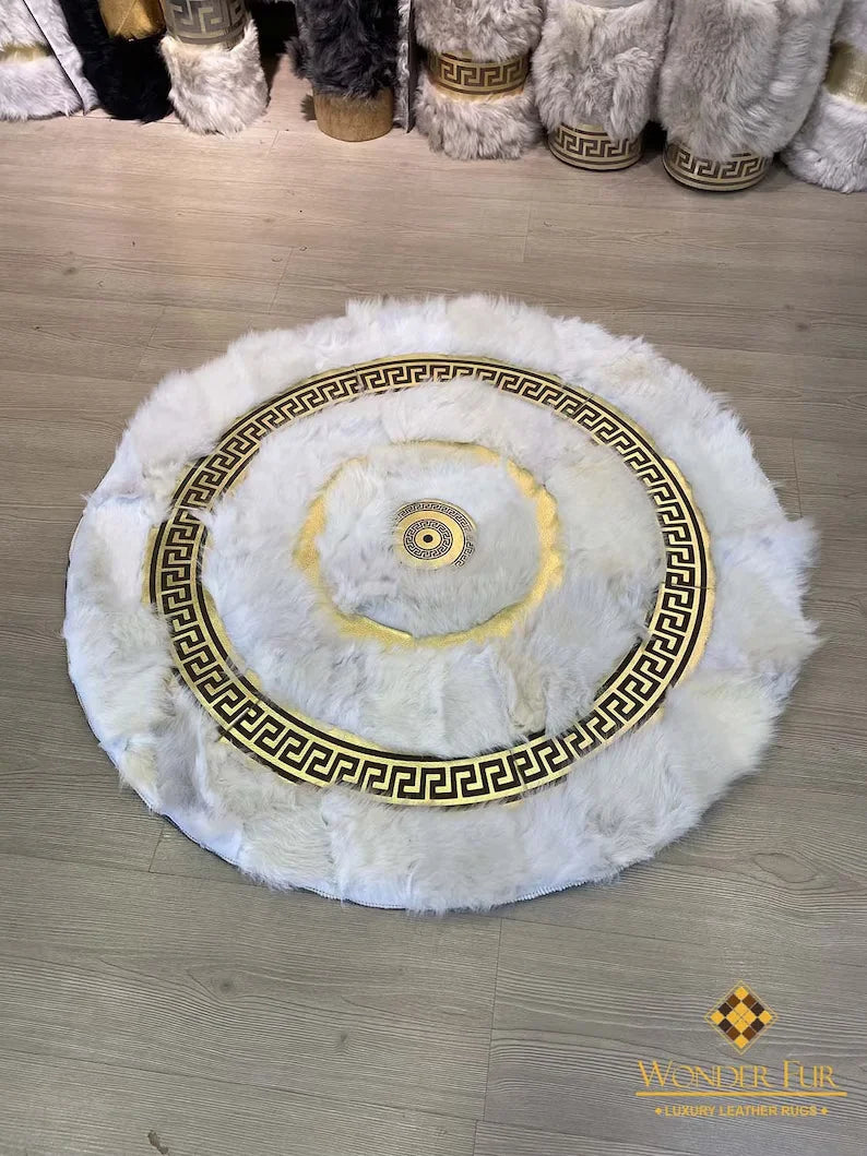 Luxury White Gold Fluffy Sheepskin Round Rug, Handmade Elegance