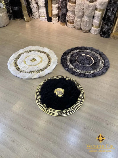 Luxury White Gold Fluffy Sheepskin Round Rug, Handmade Elegance