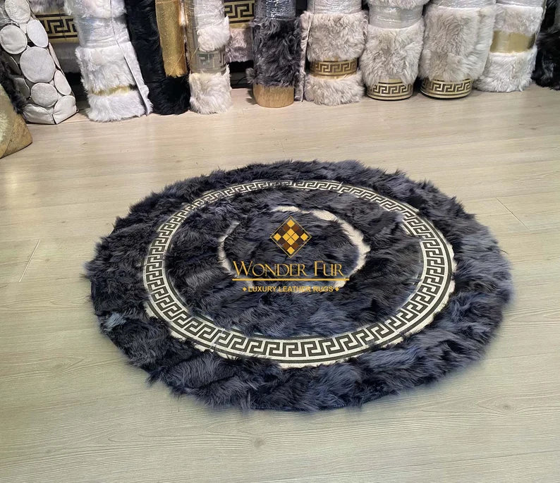 100% Natural Handamde Gray Sheepskin Round Rug With Greek Key Pattern