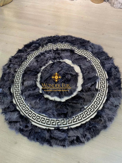 100% Natural Handamde Gray Sheepskin Round Rug With Greek Key Pattern