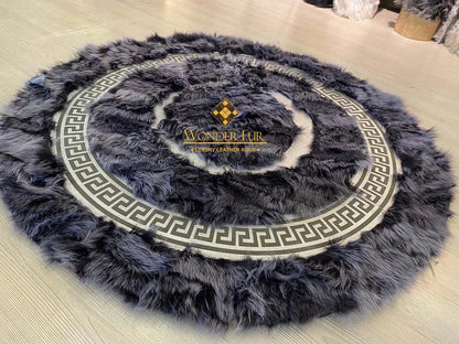 100% Natural Handamde Gray Sheepskin Round Rug With Greek Key Pattern