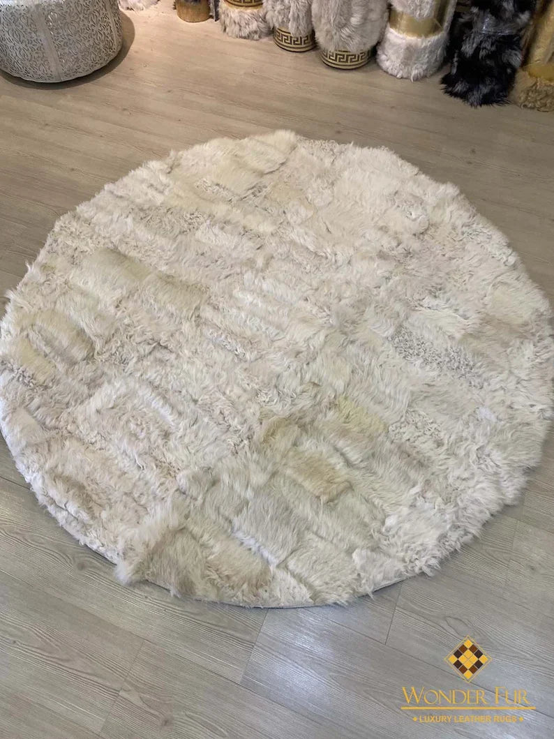 Unique Beige Natural Sheep Leather Fluffy Rug, Handamde Round Office Rug