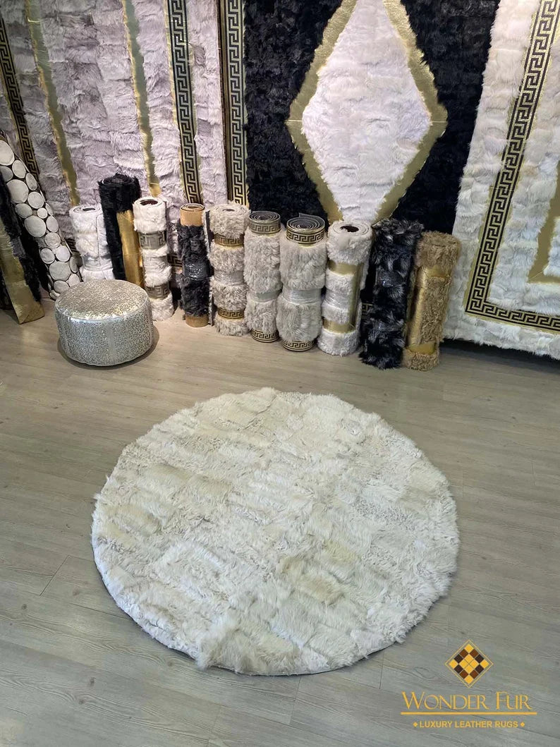 Unique Beige Natural Sheep Leather Fluffy Rug, Handamde Round Office Rug