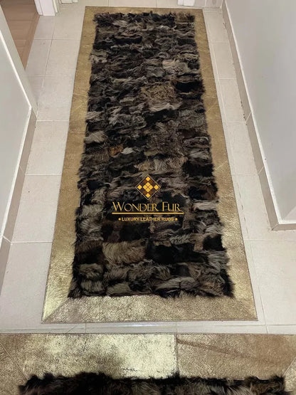 Gold Brown Shaggy Natural Sheepskin Runner Rug, Handmade Corridor Rug