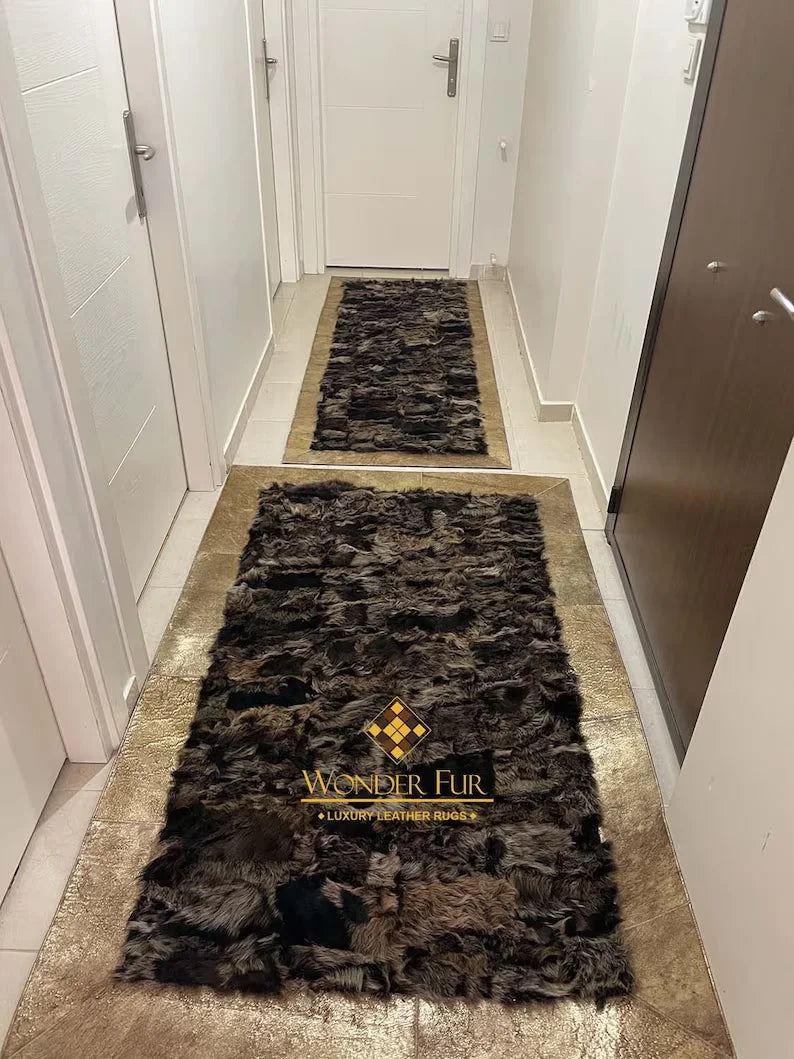 Gold Brown Shaggy Natural Sheepskin Runner Rug, Handmade Corridor Rug