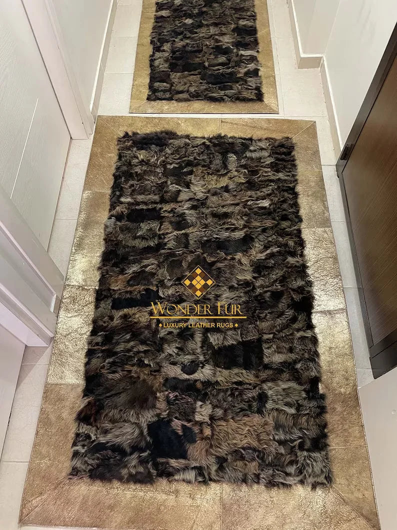 Gold Brown Shaggy Natural Sheepskin Runner Rug, Handmade Corridor Rug