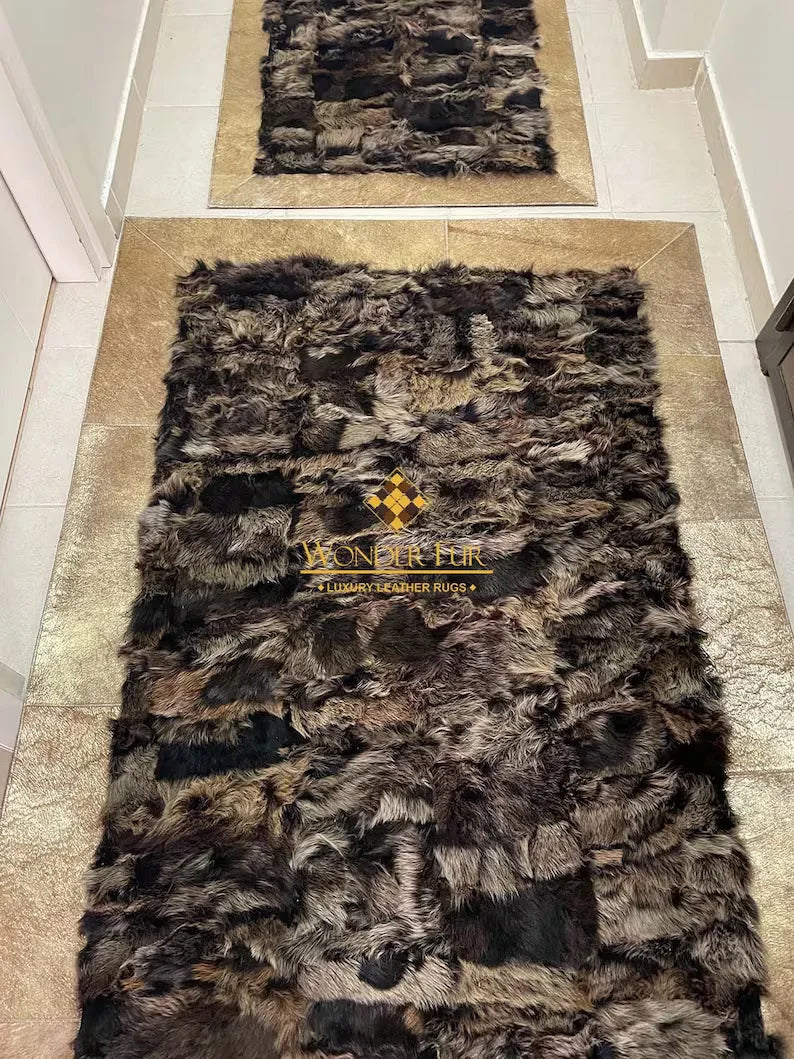 Gold Brown Shaggy Natural Sheepskin Runner Rug, Handmade Corridor Rug