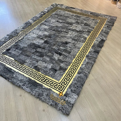 Gray Luxury Soft Sheepskin Area Rug with Gold Pattern, Handamde Interier Floor Rug