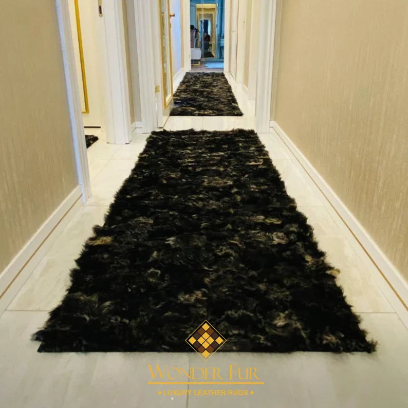 Luxury Black Natural Sheepskin Area Rug, Modern Handamde Fluffy Wool Rug