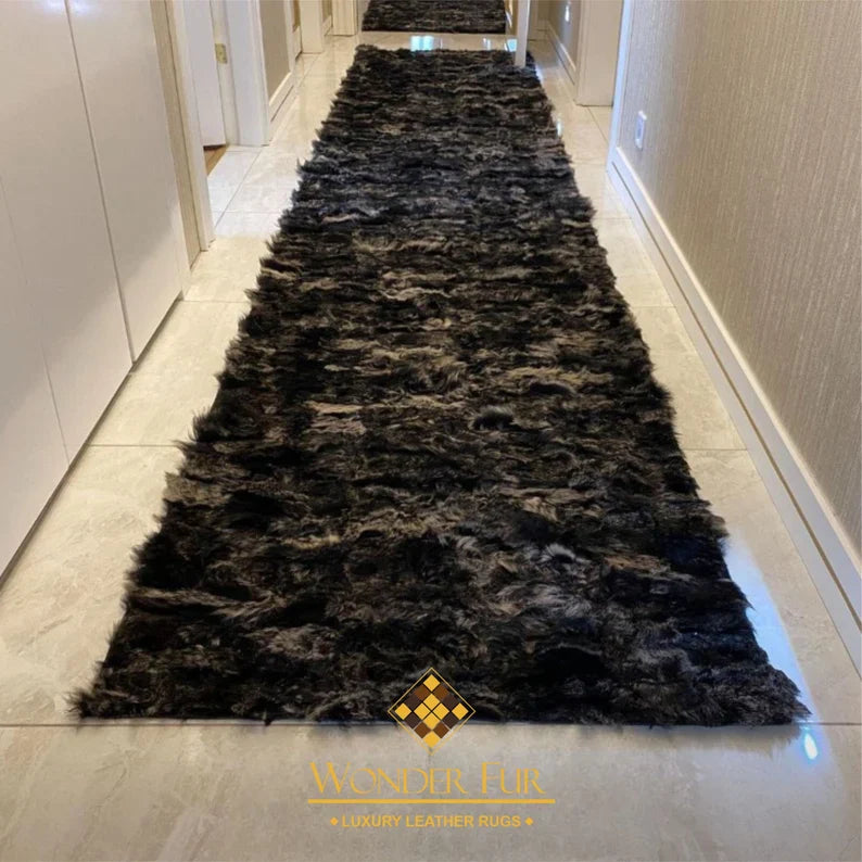 Luxury Black Natural Sheepskin Area Rug, Modern Handamde Fluffy Wool Rug