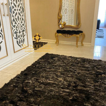 Luxury Black Natural Sheepskin Area Rug, Modern Handamde Fluffy Wool Rug