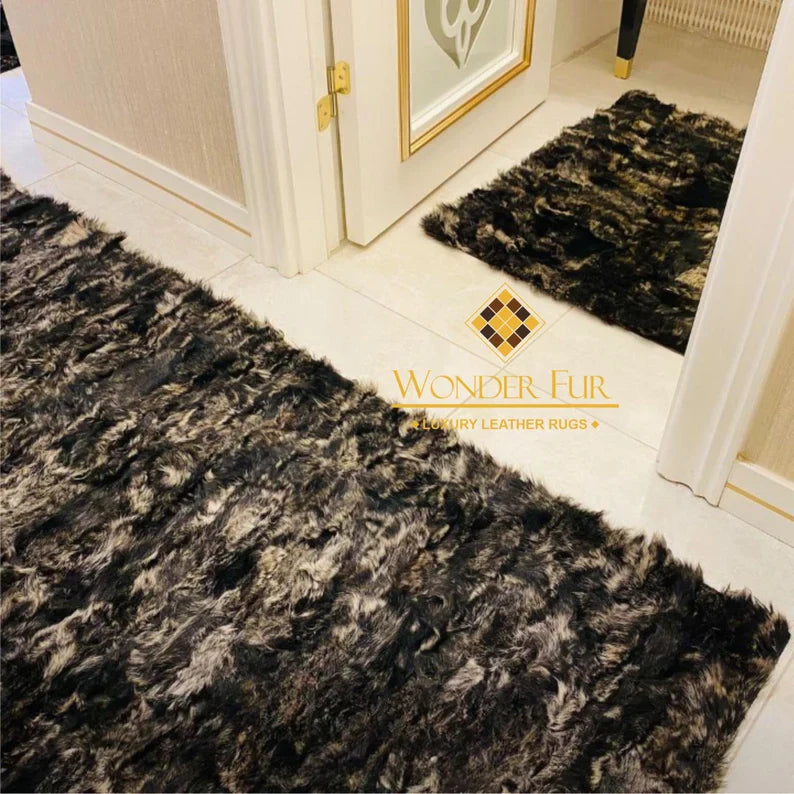 Luxury Black Natural Sheepskin Area Rug, Modern Handamde Fluffy Wool Rug