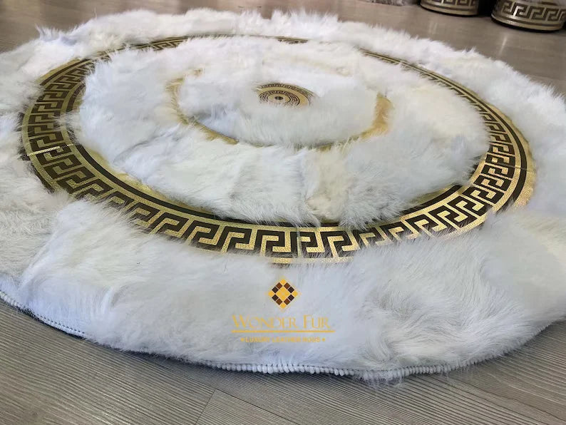 Luxury White Gold Fluffy Sheepskin Round Rug, Handmade Elegance