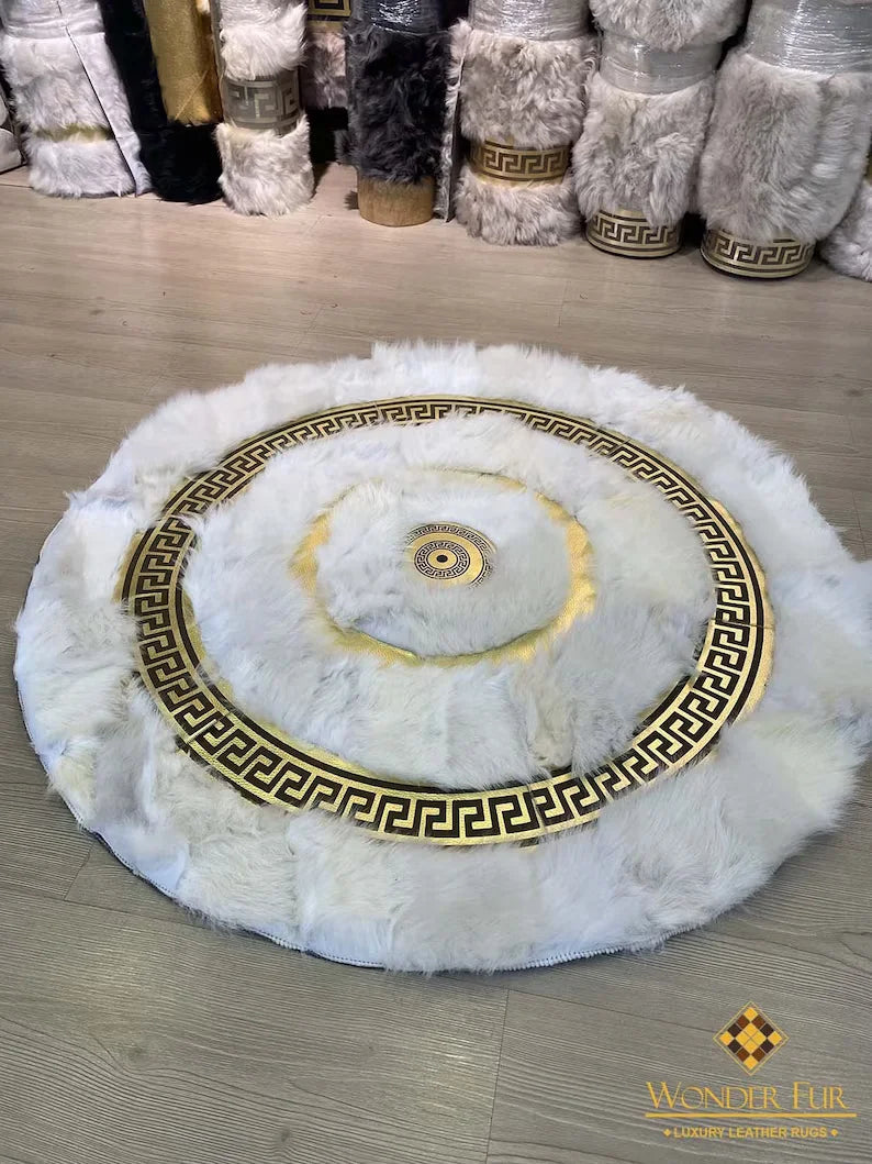 Luxury White Gold Fluffy Sheepskin Round Rug, Handmade Elegance