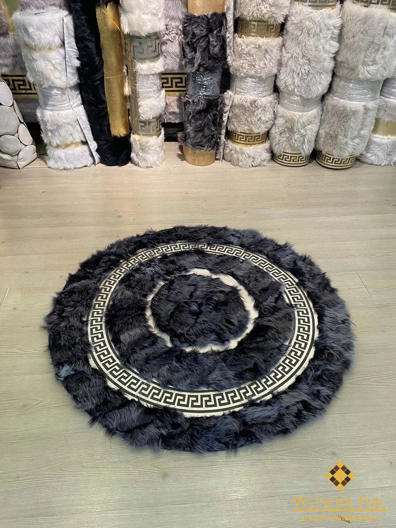 100% Natural Handamde Gray Sheepskin Round Rug With Greek Key Pattern