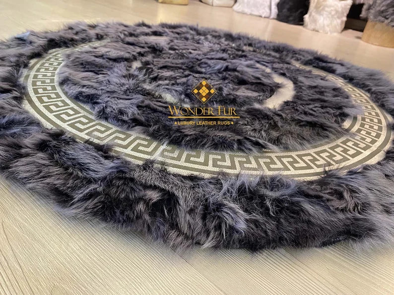 100% Natural Handamde Gray Sheepskin Round Rug With Greek Key Pattern