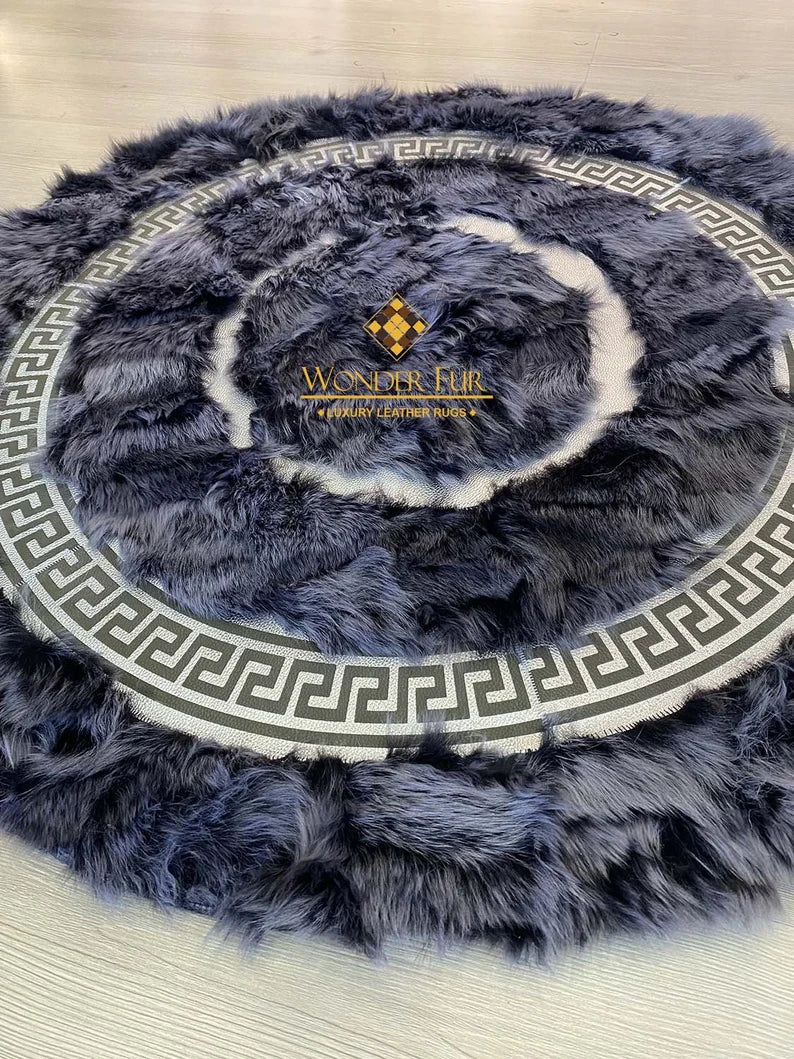 100% Natural Handamde Gray Sheepskin Round Rug With Greek Key Pattern