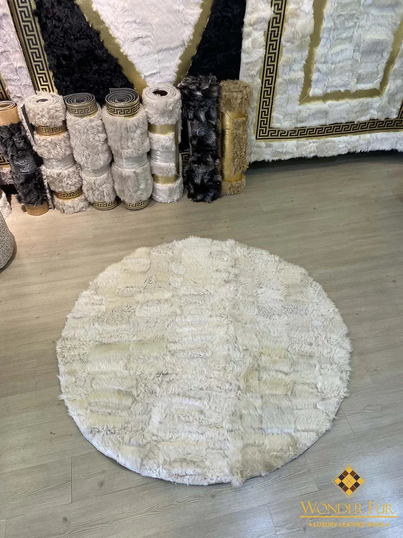 Unique Beige Natural Sheep Leather Fluffy Rug, Handamde Round Office Rug