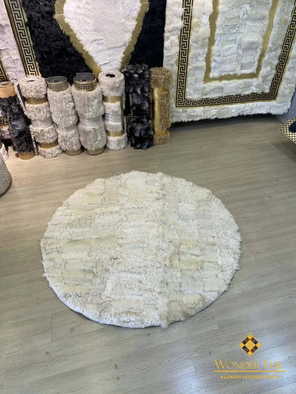 Unique Beige Natural Sheep Leather Fluffy Rug, Handamde Round Office Rug