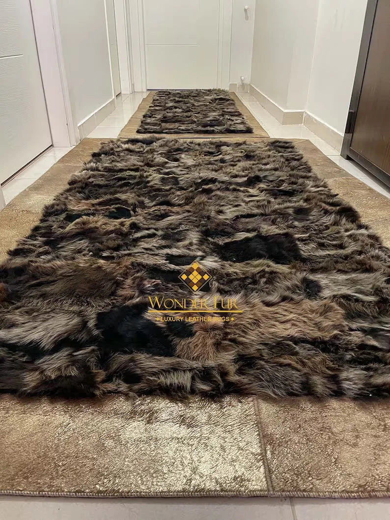 Gold Brown Shaggy Natural Sheepskin Runner Rug, Handmade Corridor Rug